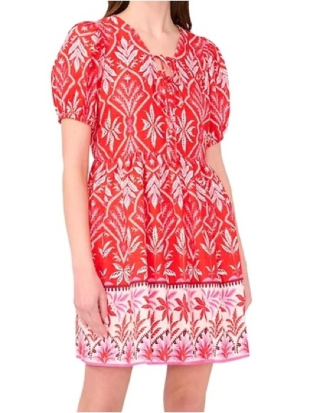 MSK Printed Tie-Neck Short-Sleeve Dress -SMALL-NEW